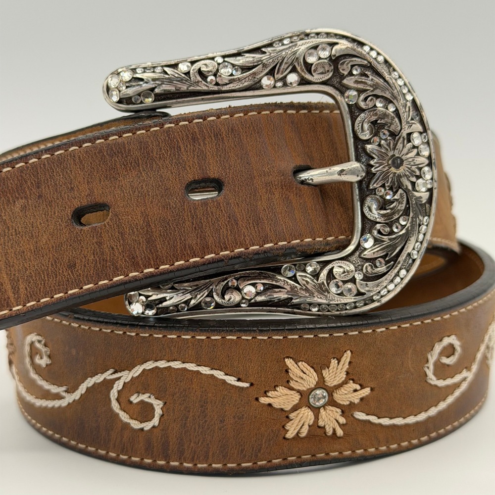 Nocona Western Leather Belt Women M 34" Rhinestone Embroidery Rodeo Cowgirl Glam